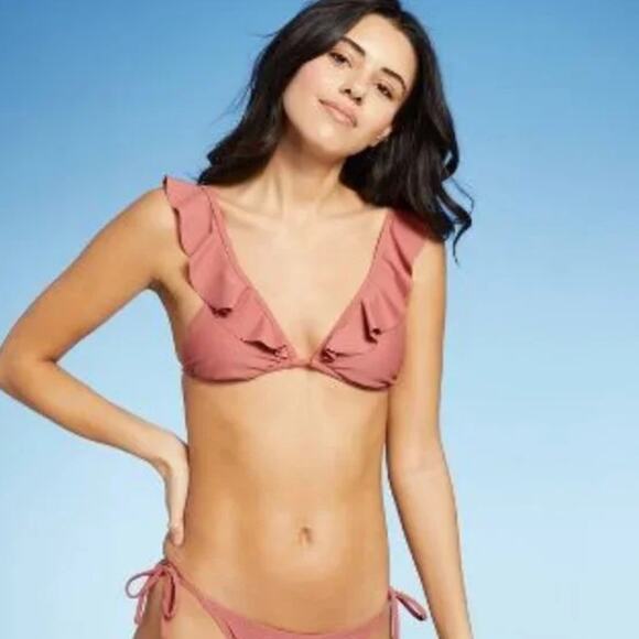 NEW TARGET XHILERATION Blush Pink Plunge Triangle Ruffle Tie Bikini Swim Top XL - Picture 2 of 11